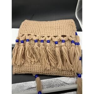 Vintage 70s Handmade Tan Crochet Boho w/Tassels Shoulder Bag Purse Fully Lined!